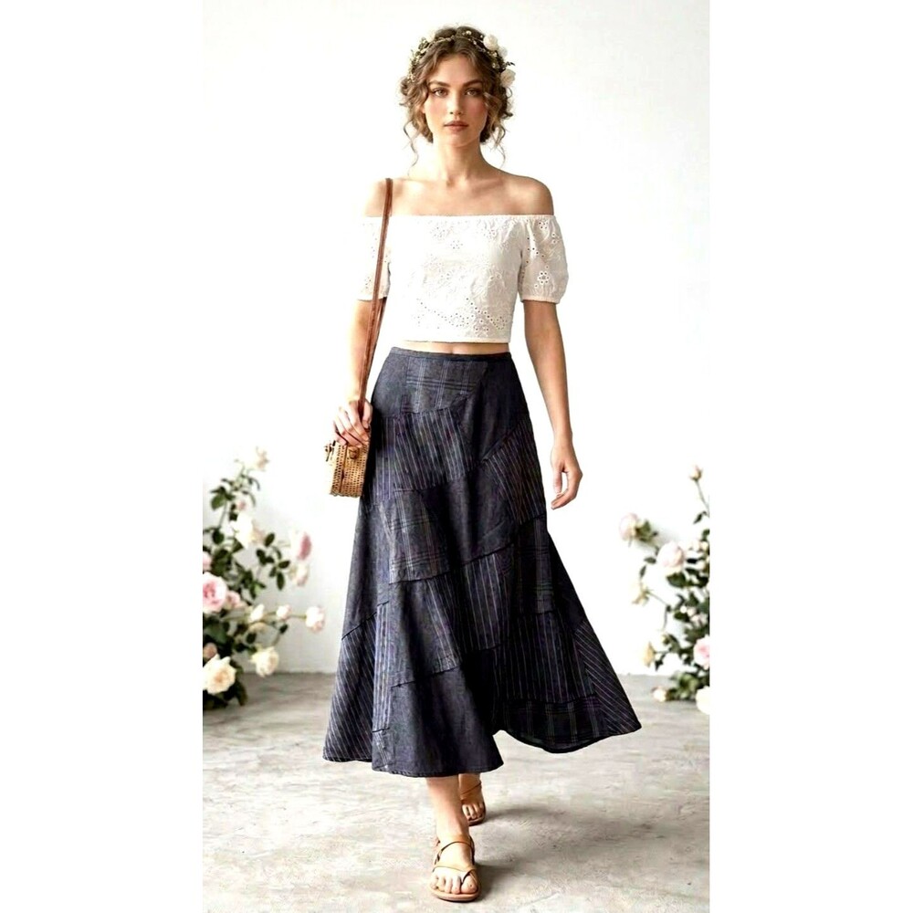 SANDRO Midi Skirt Women Sz 6 Black/Charcoal Patchwork Denim Lagenlook Flowy Zip